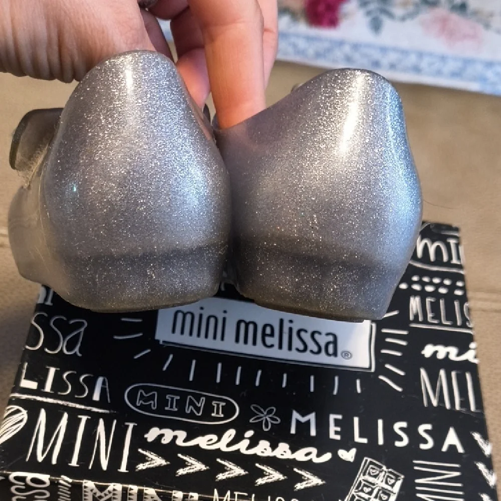 Mini Melissa Glittery Silver Butterfly Mary Janes GUC Sz 10.
